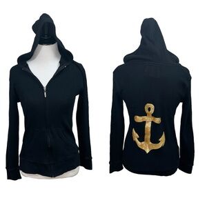 Sweet N' Kool Women's M Medium Full Zip Waffle Knit Cardigan Sequins Anchor Hood